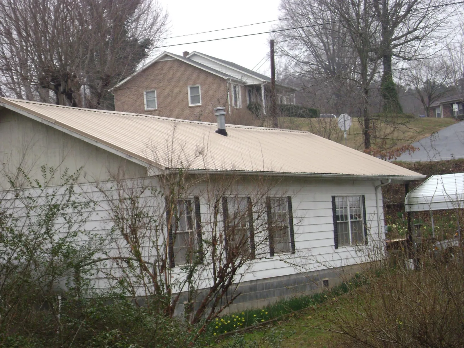 Tan metal roof on a white sided house set into a hillside in Montclair
